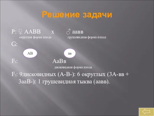 Решение задачи Р: ♀ ААВВ х ♂ аавв округлая форма плода