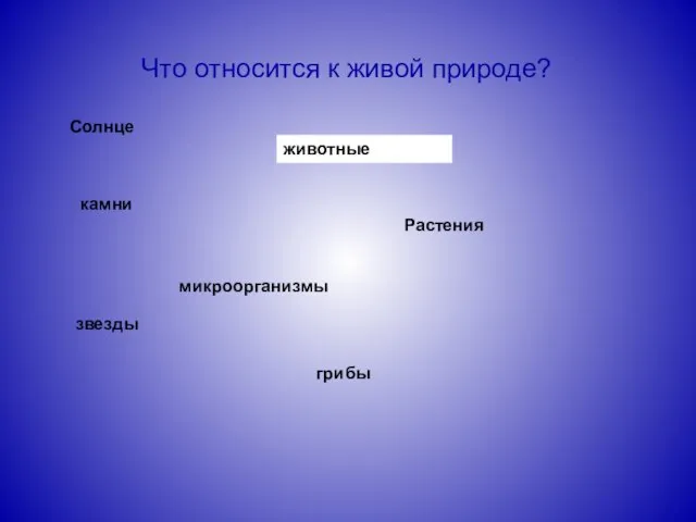 Что относится к живой природе? Солнце животные камни звезды Растения микроорганизмы грибы