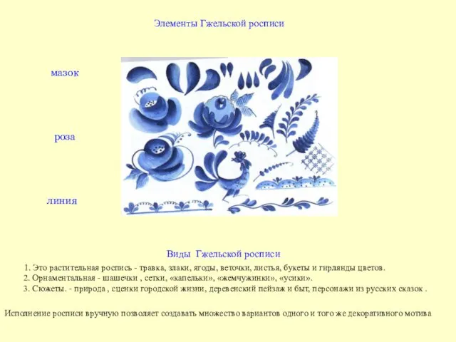 Элементы Гжельской росписи Виды Гжельской росписи 1. Это растительная роспись -