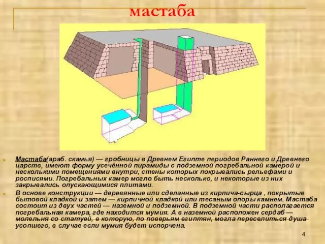 мастаба Мастаба(араб. скамья) — гробницы в Древнем Египте периодов Раннего и