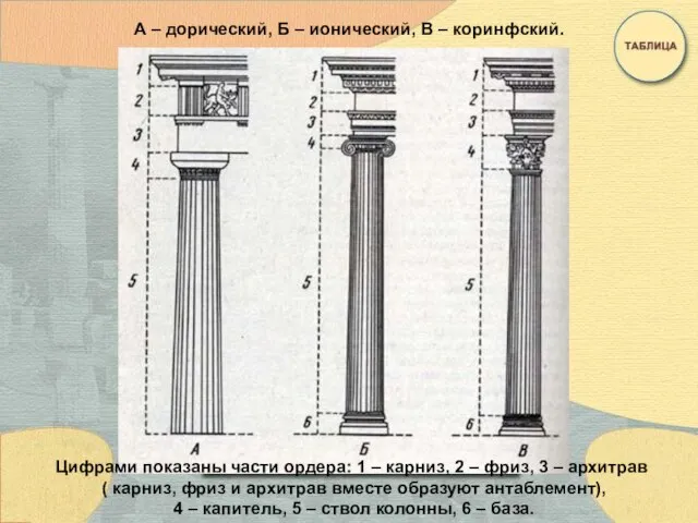 А – дорический, Б – ионический, В – коринфский. Цифрами показаны