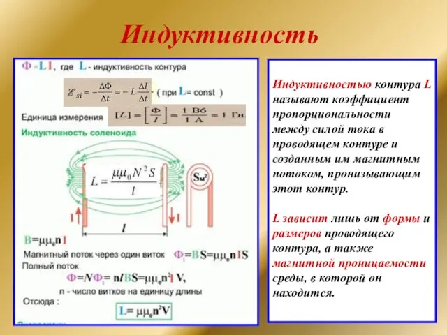 Индуктивность Индуктивностью контура L называют коэффициент пропорциональности между силой тока в