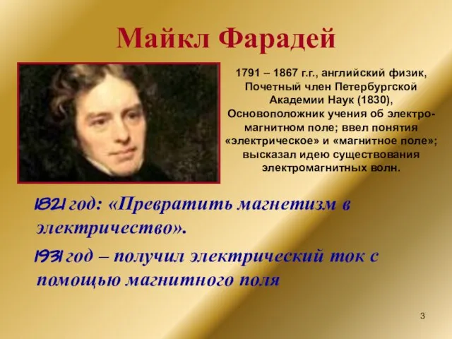 Майкл Фарадей 1821 год: «Превратить магнетизм в электричество». 1931 год –