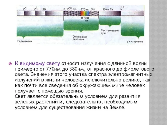 К видимому свету относят излучения с длинной волны примерно от 770нм