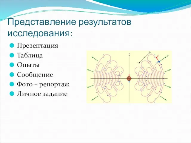 Представление результатов исследования: Презентация Таблица Опыты Сообщение Фото – репортаж Личное задание