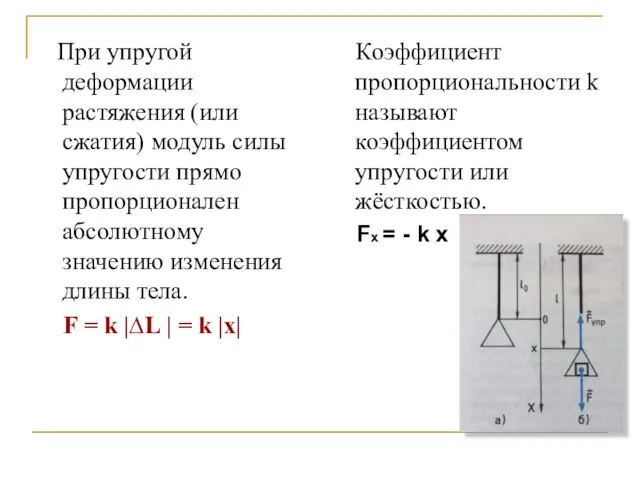 При упругой деформации растяжения (или сжатия) модуль силы упругости прямо пропорционален