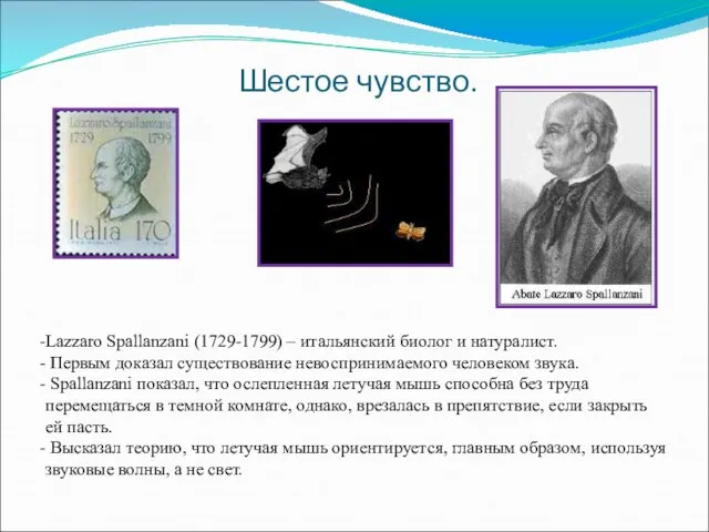 Шестое чувство. Lazzaro Spallanzani (1729-1799) – итальянский биолог и натуралист. Первым