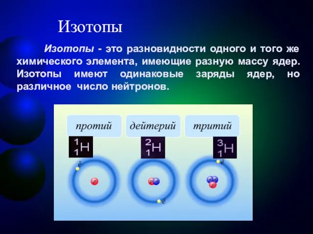 Изотопы Изотопы - это разновидности одного и того же химического элемента,