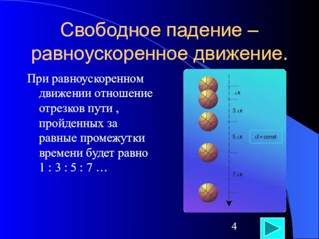 Свободное падение – равноускоренное движение. При равноускоренном движении отношение отрезков пути