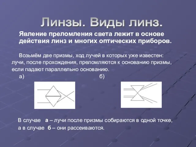 Явление преломления света лежит в основе действия линз и многих оптических