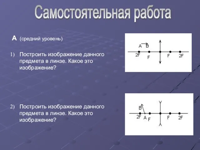 А (средний уровень) Построить изображение данного предмета в линзе. Какое это