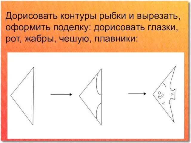 Дорисовать контуры рыбки и вырезать, оформить поделку: дорисовать глазки, рот, жабры, чешую, плавники: