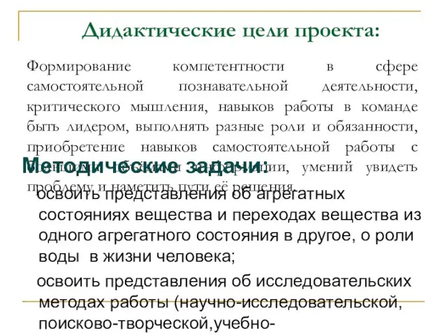 Дидактические цели проекта: Формирование компетентности в сфере самостоятельной познавательной деятельности, критического