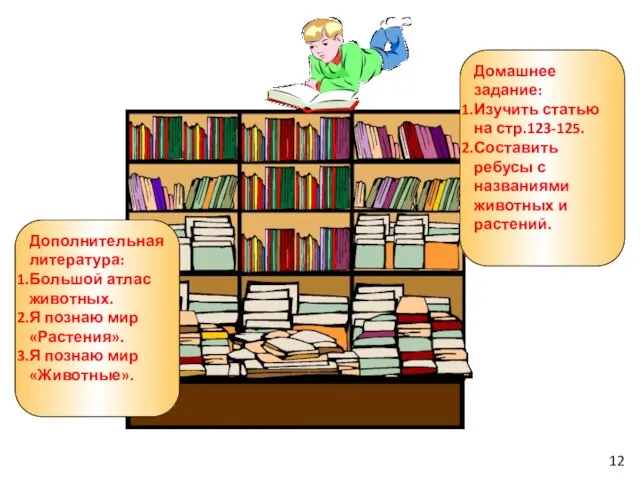 12 Домашнее задание: Изучить статью на стр.123-125. Составить ребусы с названиями животных и растений.