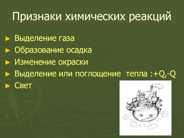 Признаки химических реакций Выделение газа Образование осадка Изменение окраски Выделение или поглощение тепла :+Q,-Q Свет