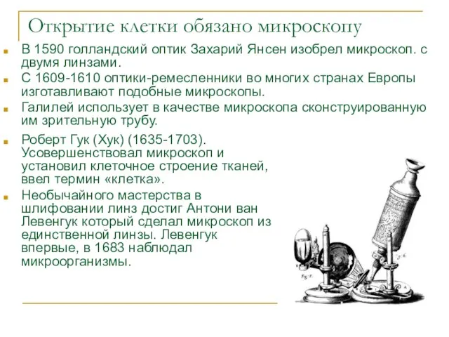 Открытие клетки обязано микроскопу В 1590 голландский оптик Захарий Янсен изобрел