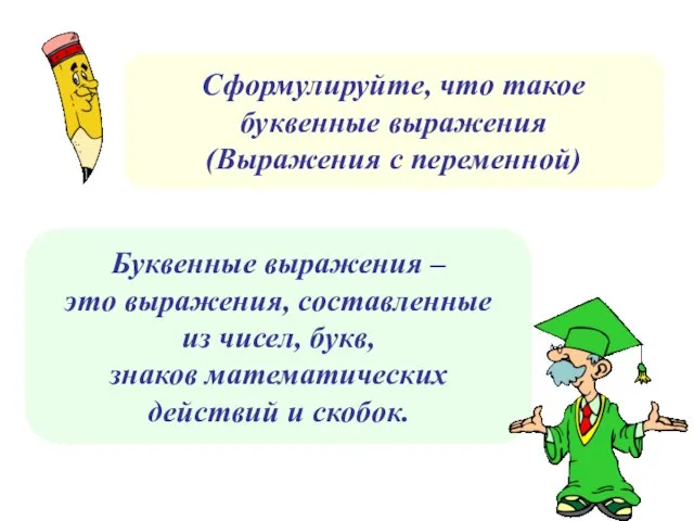 Буквенные выражения – это выражения, составленные из чисел, букв, знаков математических