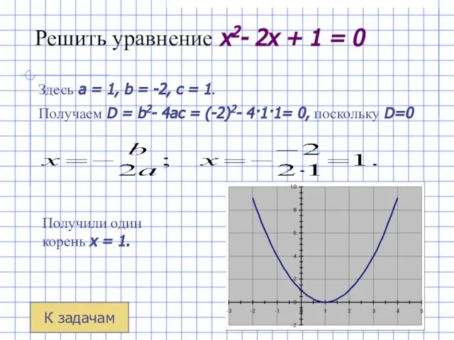 Решить уравнение x2- 2x + 1 = 0 Здесь a =