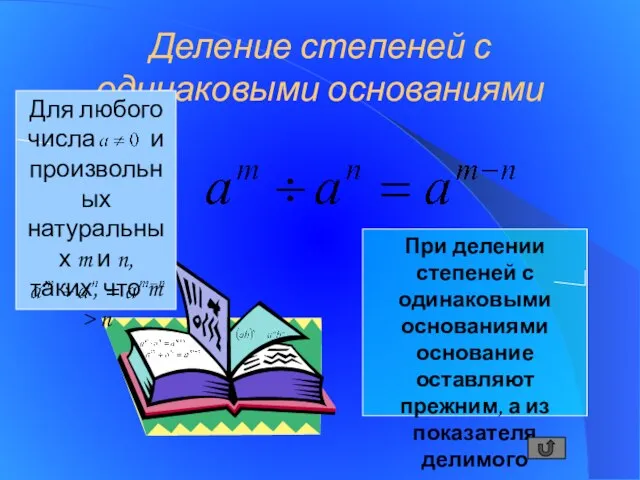 Деление степеней с одинаковыми основаниями Для любого числа и произвольных натуральных