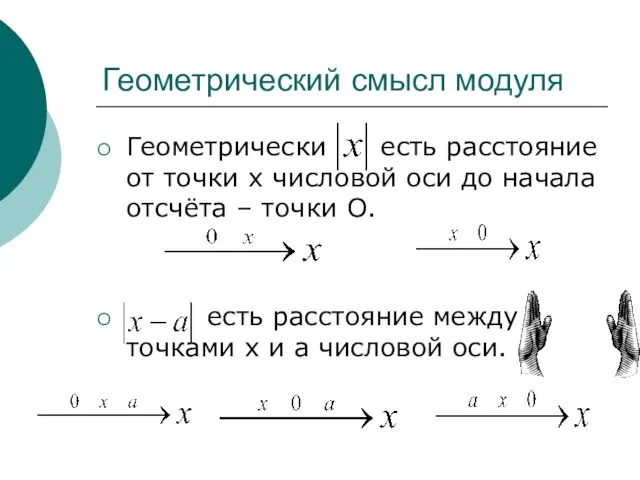 Геометрический смысл модуля Геометрически есть расстояние от точки х числовой оси