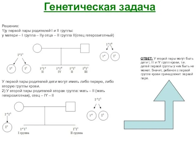 Генетическая задача Решение: 1)у первой пары родителей I и II группы: