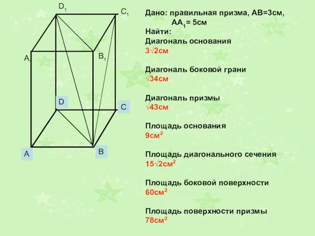 Дано: правильная призма, АВ=3см, АА1= 5см Найти: Диагональ основания 3√2см Диагональ