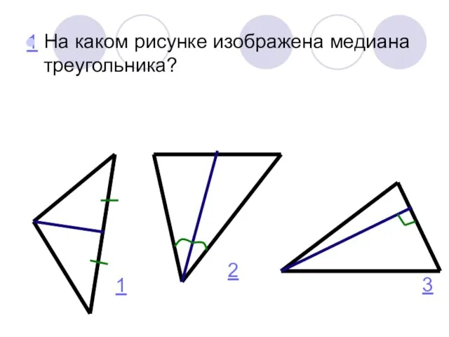 1 На каком рисунке изображена медиана треугольника? 1 2 3