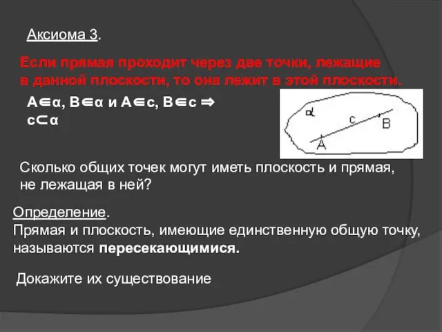 Если прямая проходит через две точки, лежащие в данной плоскости, то