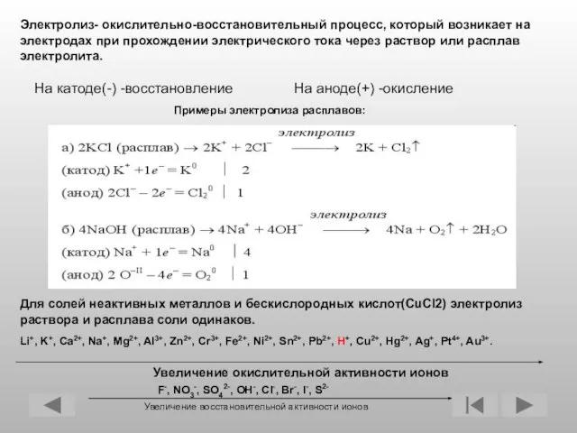 Примеры электролиза расплавов: Электролиз- окислительно-восстановительный процесс, который возникает на электродах при