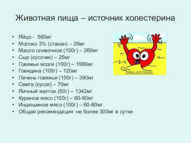 Животная пища – источник холестерина Яйцо - 560мг Молоко 3% (стакан)