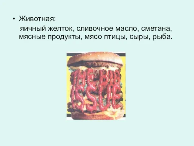 Животная: яичный желток, сливочное масло, сметана, мясные продукты, мясо птицы, сыры, рыба.