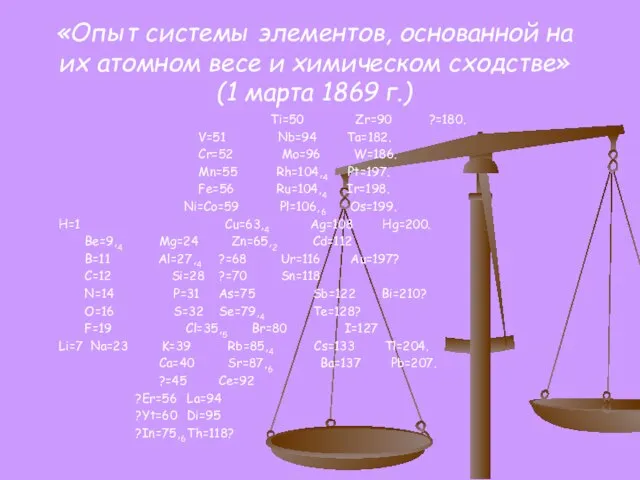 «Опыт системы элементов, основанной на их атомном весе и химическом сходстве» (1 марта 1869 г.)