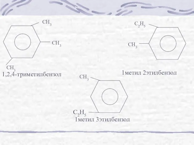 CH3 CH3 CH3 1,2,4-триметилбензол CH3 C2H5 1метил 2этилбензол CH3 1метил 3этилбензол C2H5
