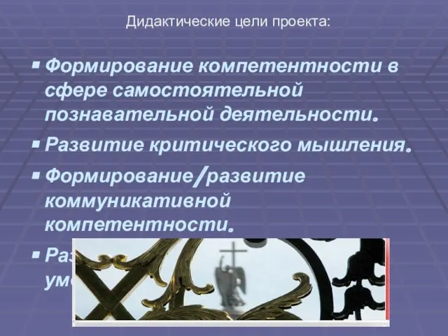 Дидактические цели проекта: Формирование компетентности в сфере самостоятельной познавательной деятельности. Развитие