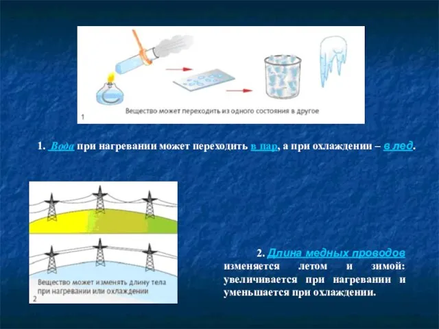 1. Вода при нагревании может переходить в пар, а при охлаждении