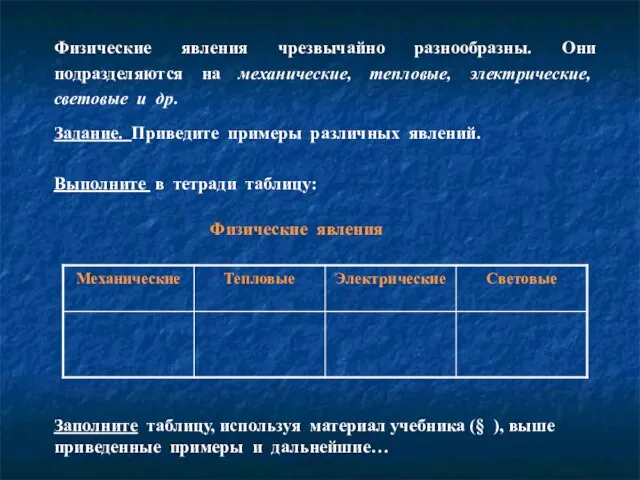 Физические явления чрезвычайно разнообразны. Они подразделяются на механические, тепловые, электрические, световые