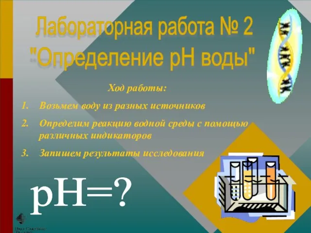 Ход работы: Возьмем воду из разных источников Определим реакцию водной среды