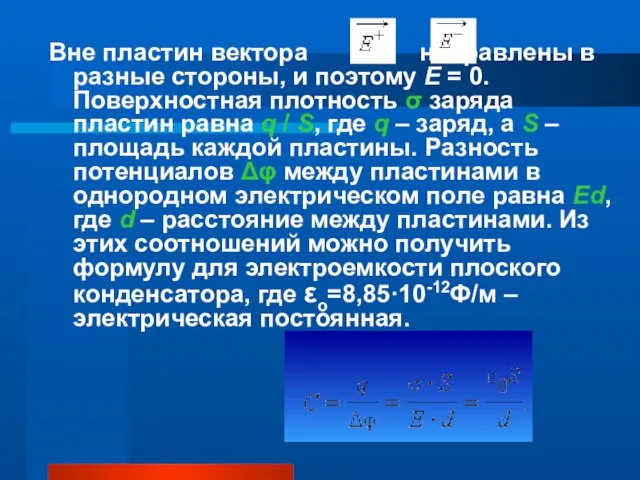 Вне пластин вектора и направлены в разные стороны, и поэтому E