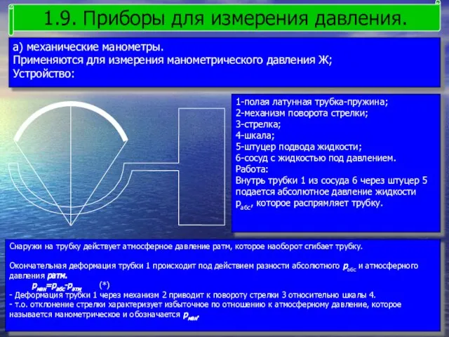 а) механические манометры. Применяются для измерения манометрического давления Ж; Устройство: 1.9.