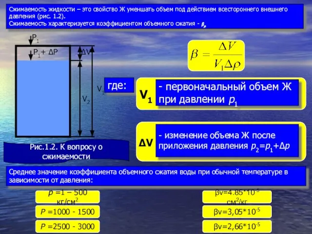 где: Среднее значение коэффициента объемного сжатия воды при обычной температуре в