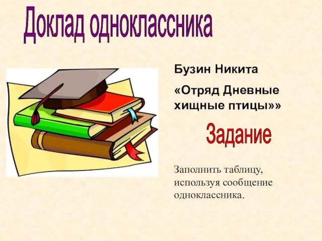 Бузин Никита «Отряд Дневные хищные птицы»» Доклад одноклассника Заполнить таблицу, используя сообщение одноклассника. Задание