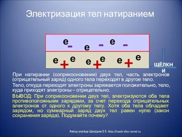 Электризация тел натиранием При натирании (соприкосновении) двух тел, часть электронов (отрицательный