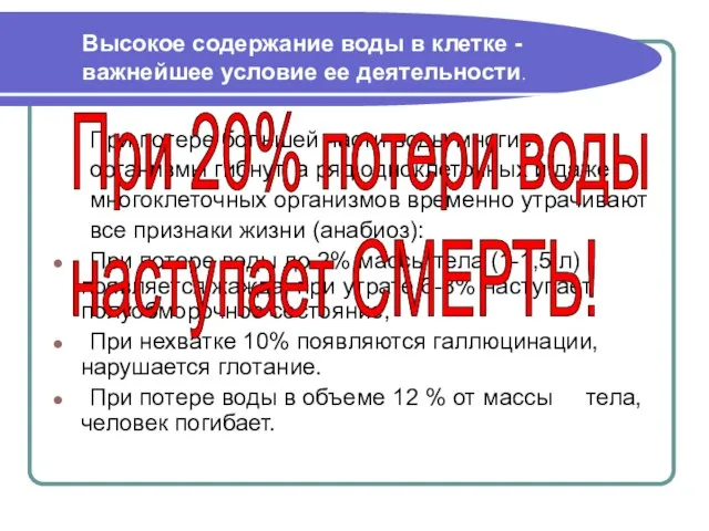 При потере большей части воды многие организмы гибнут, а ряд одноклеточных