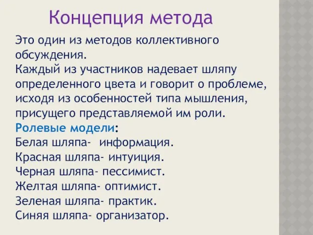 Концепция метода Это один из методов коллективного обсуждения. Каждый из участников