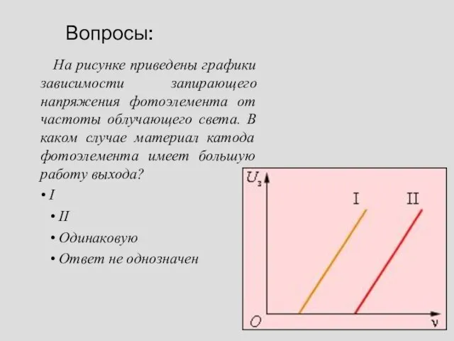 Вопросы: На рисунке приведены графики зависимости запирающего напряжения фотоэлемента от частоты