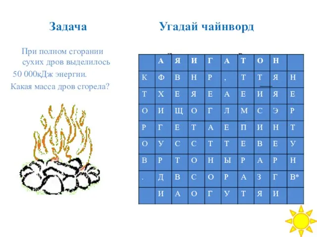 Дано Решение Q=5*10⁷Дж Q=qm q=1,0 *10⁷Дж/кг Q m-? m= q 5*10⁷Дж