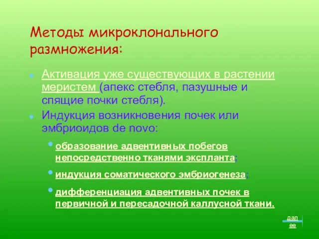 Методы микроклонального размножения: Активация уже существующих в растении меристем (апекс стебля,