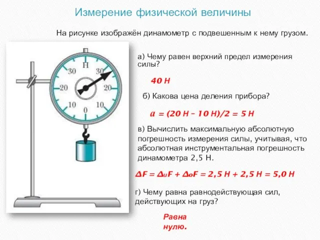 Измерение физической величины а) Чему равен верхний предел измерения силы? На