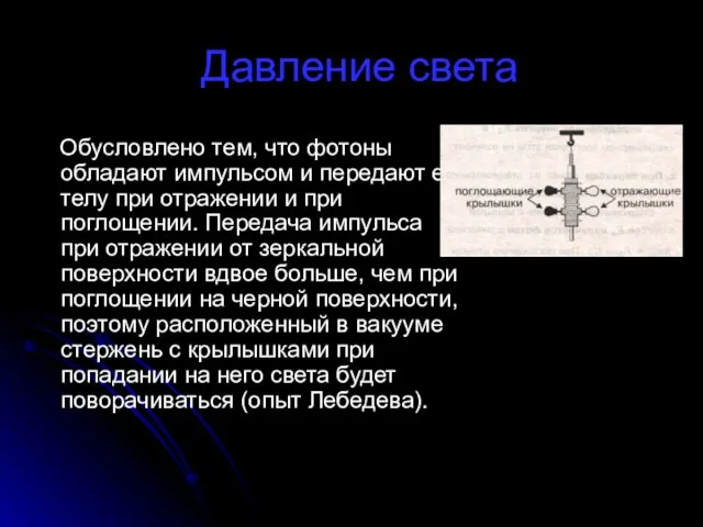 Давление света Обусловлено тем, что фотоны обладают импульсом и передают его