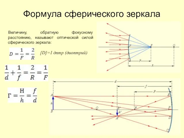 Формула сферического зеркала Величину, обратную фокусному расстоянию, называют оптической силой сферического зеркала: [D]=1 дптр (диоптрий)